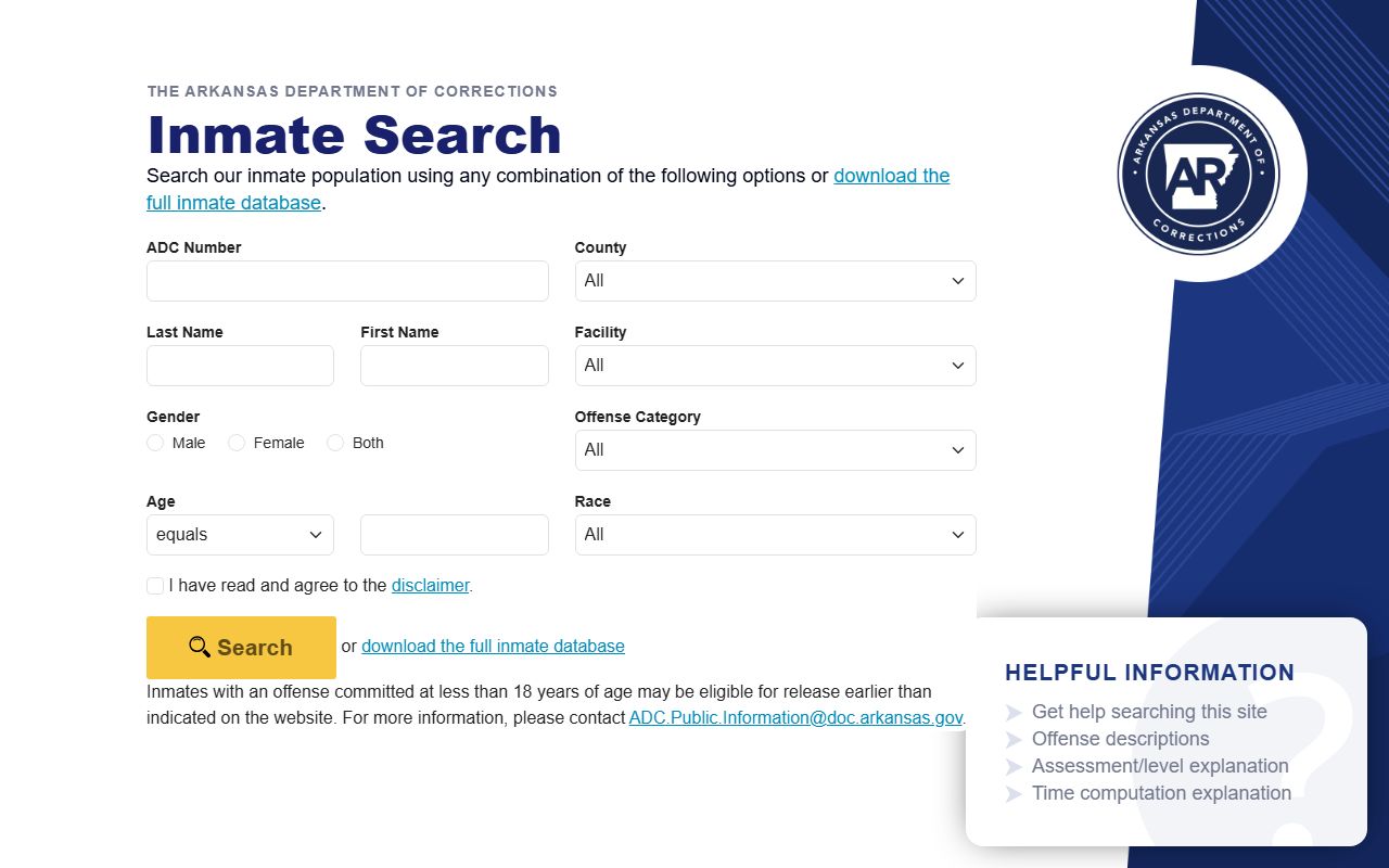 Lee County inmate population Arkansas DOC inmate search fields